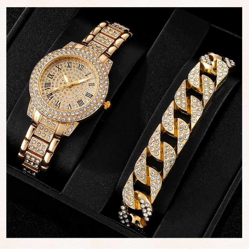 Wrist Watches Ladies Full Diamond Roman Literal Steel Strap Watch Full Star Temperament Business Quartz Watch Hip Hop Style Full Diamond Bracelet Set