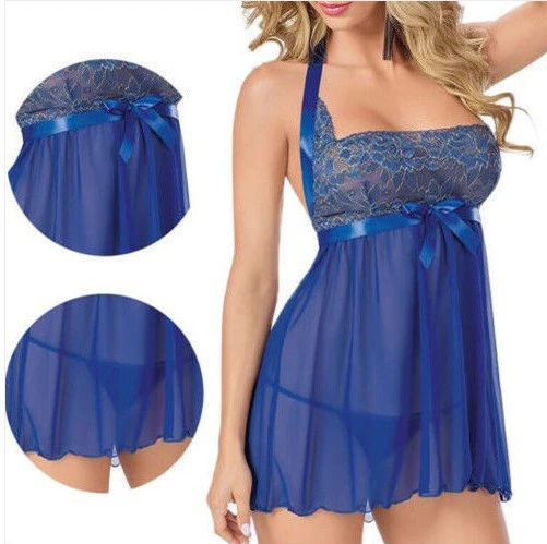 New Fashion European American Hot Selling Large Multi Size Fun Women Pajamas Perspective Sexy Lady  Underwear Girls Lovely Lace Skirt Nightdress Lace Strap Fun Sleepwear Tulle Bowknot Embroidery