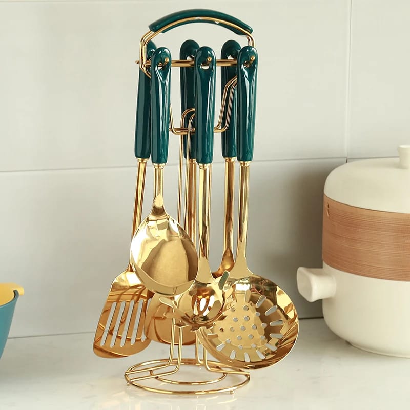 High Quality 6 Pieces + 1 Stand Heavy Golden Serving Spoon for kitchen