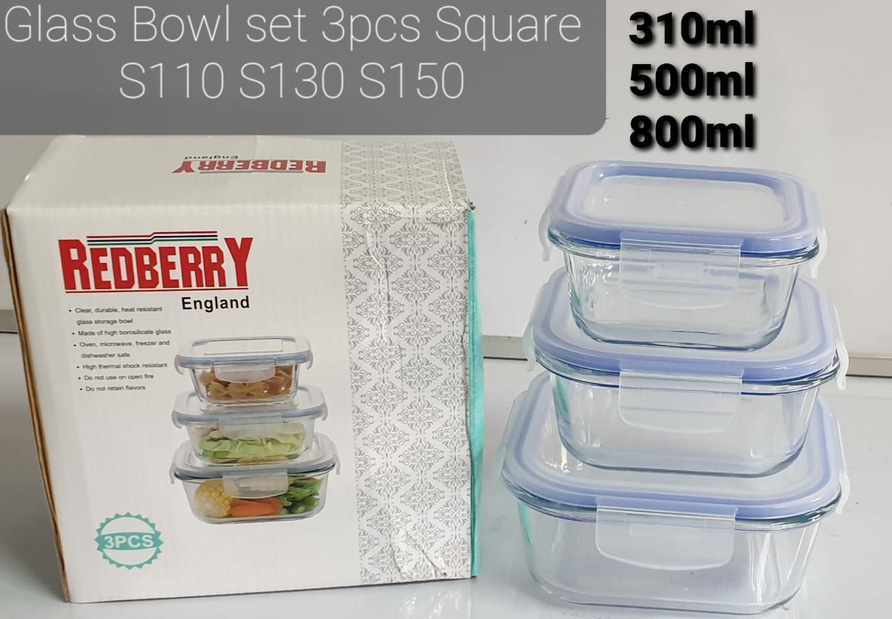 3Pcs Redberry Quality Glass Heat Resistant Home Kitchen Storage/lunch container microwave safe