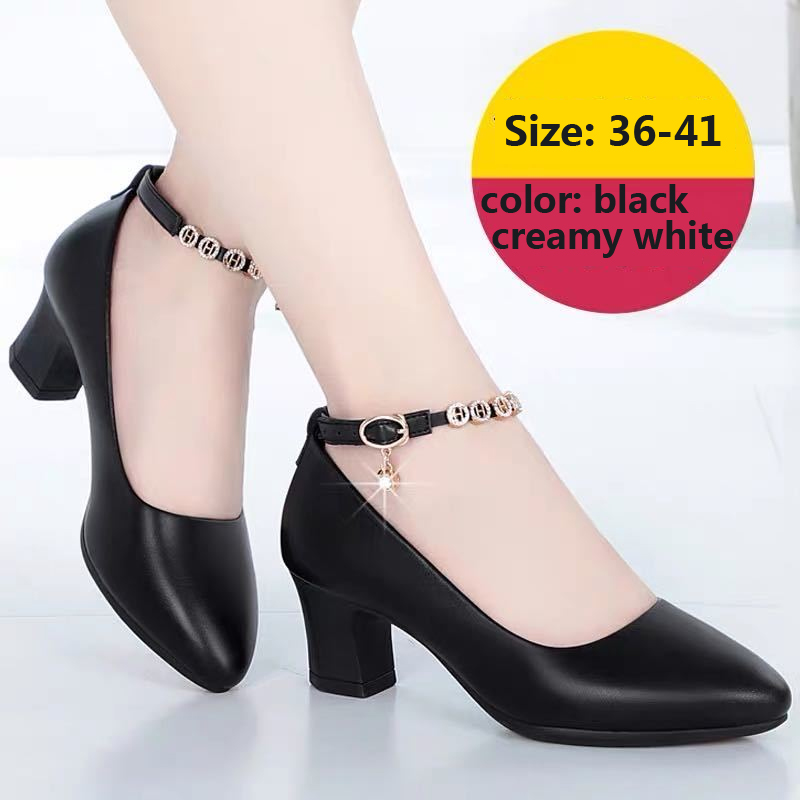 Size3641 New Hot Seller Womens Mid Heel Shoes Girls High Heels Soft Pu Leather Ladies Shoes Black 39