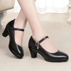 Fashion Hot Seller Women’s Mid Heel Shoes Girl’s High Heels PU Leather Ladies  Work Shoes Black 41