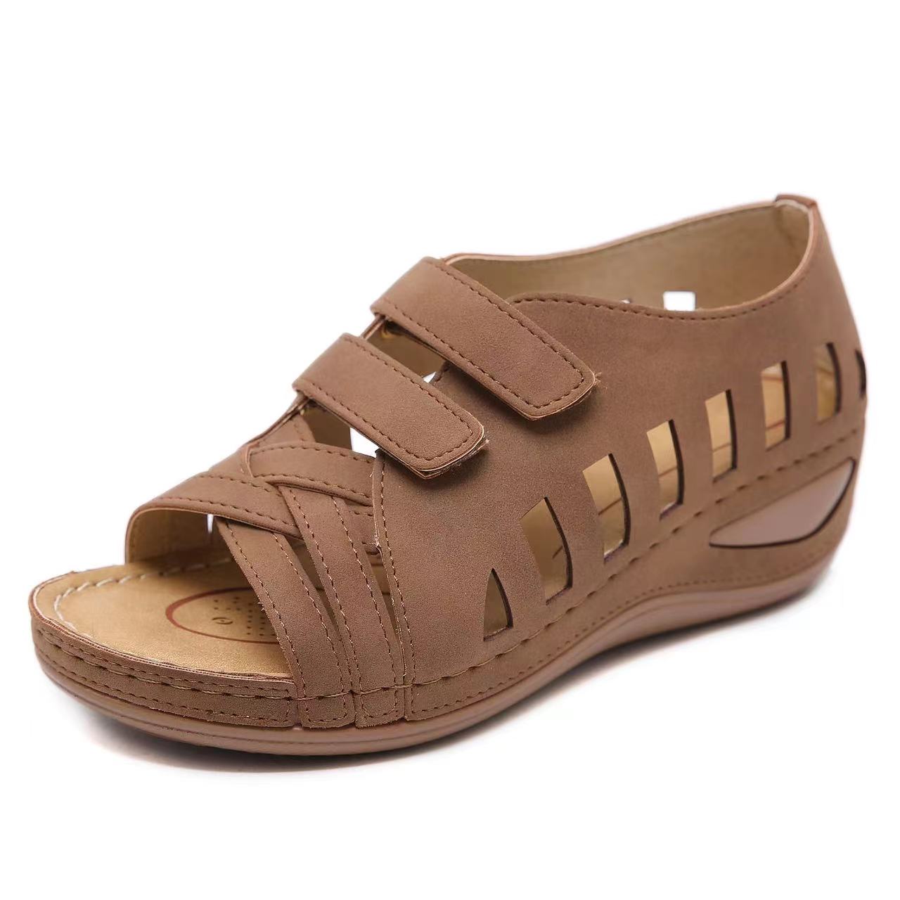 Sandals Ladies new fish mouth wedge hollow-out large size comfortable explosive Women's shoes Brown EU42Brown,EU42