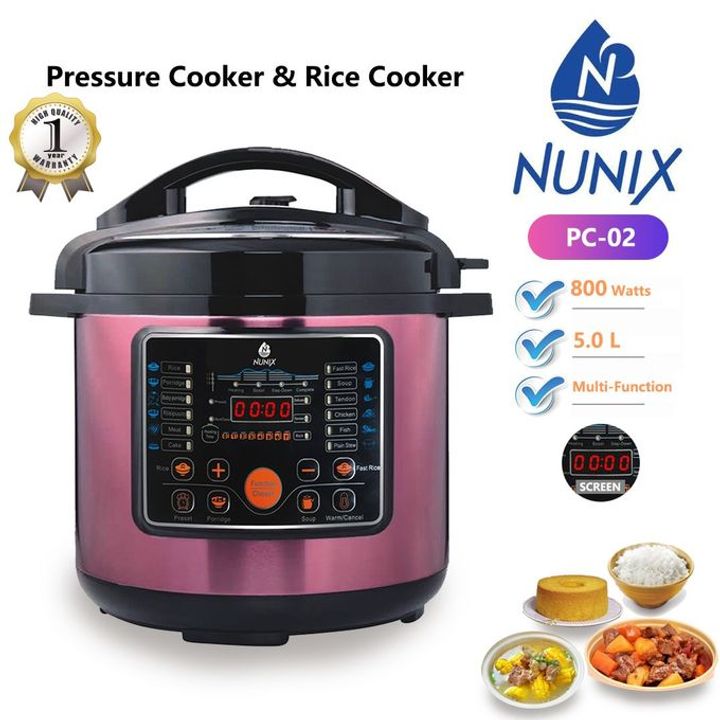 Nunix PC-02 Electric Pressure Cooker 5 Litres with 9 feature safety procedures and and 15 pre programmed cooking menus 800W