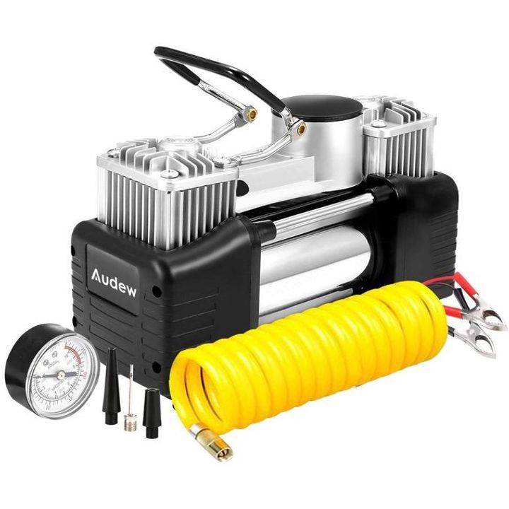 2 Cylinder Tyre Inflator Air Compressor black Multi-purpose, applicable for vehicle tires, bike tires, motorcycle tires and balls Highly effective can inflates a tire in 3 minutes Support alar