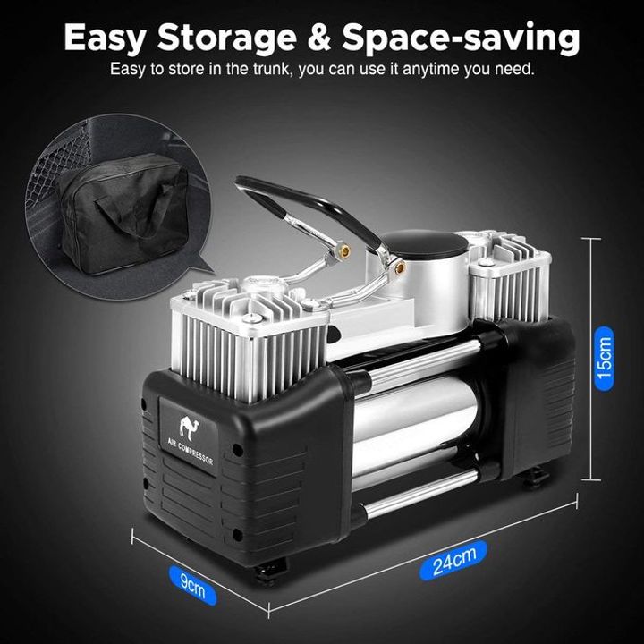 2 Cylinder Tyre Inflator Air Compressor black Multi-purpose, applicable for vehicle tires, bike tires, motorcycle tires and balls Highly effective can inflates a tire in 3 minutes Support alar