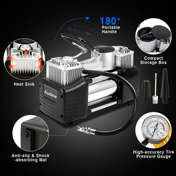 2 Cylinder Tyre Inflator Air Compressor black Multi-purpose, applicable for vehicle tires, bike tires, motorcycle tires and balls Highly effective can inflates a tire in 3 minutes Support alar
