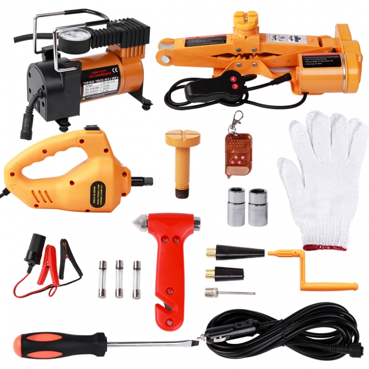 12V Electric Car Jack with tyre compressor and tools auto suv Electric Car Jack Kit 3T with Flashlight - Higher Stability, Safety, and Professional Tool Box