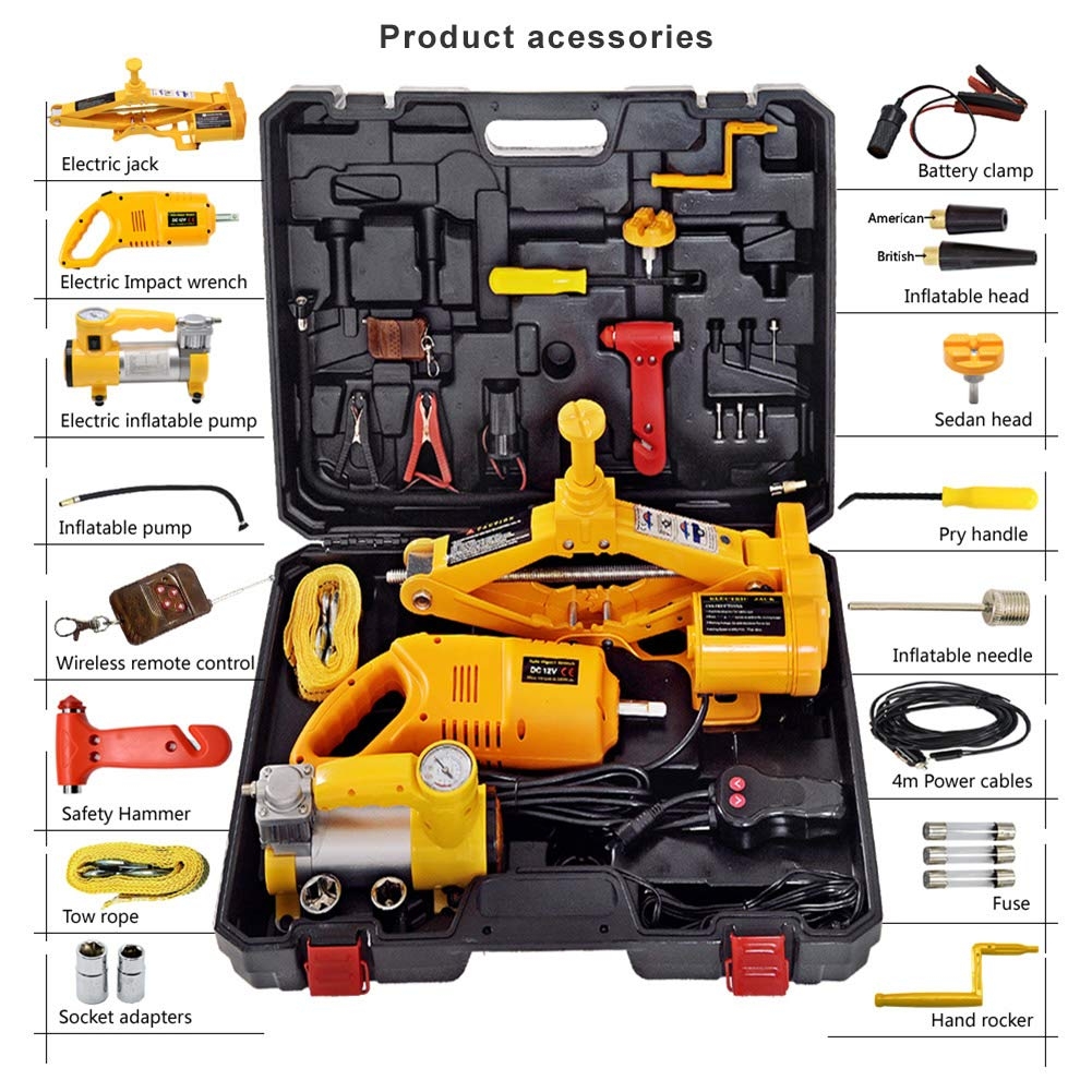 12V Electric Car Jack with tyre compressor and tools auto suv Electric Car Jack Kit 3T with Flashlight - Higher Stability, Safety, and Professional Tool Box