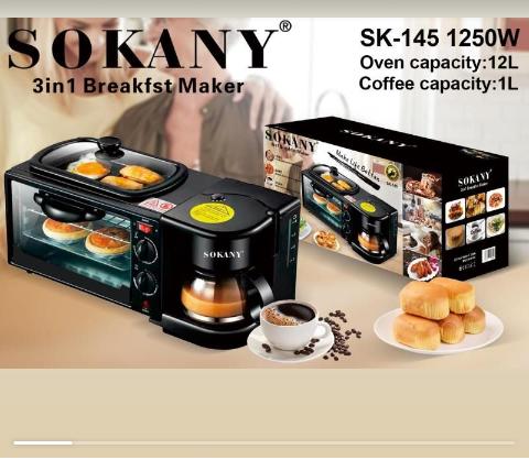 Sokany  3 in 1 breakfast maker machine 1250W With coffee maker, grill and 12L oven SK-145