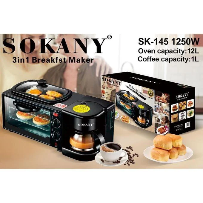 Sokany  SK-145 Breakfast Maker machine 3 IN 1 coffee expresso grill and 12L oven Sokany Breakfast Maker machine 1250W