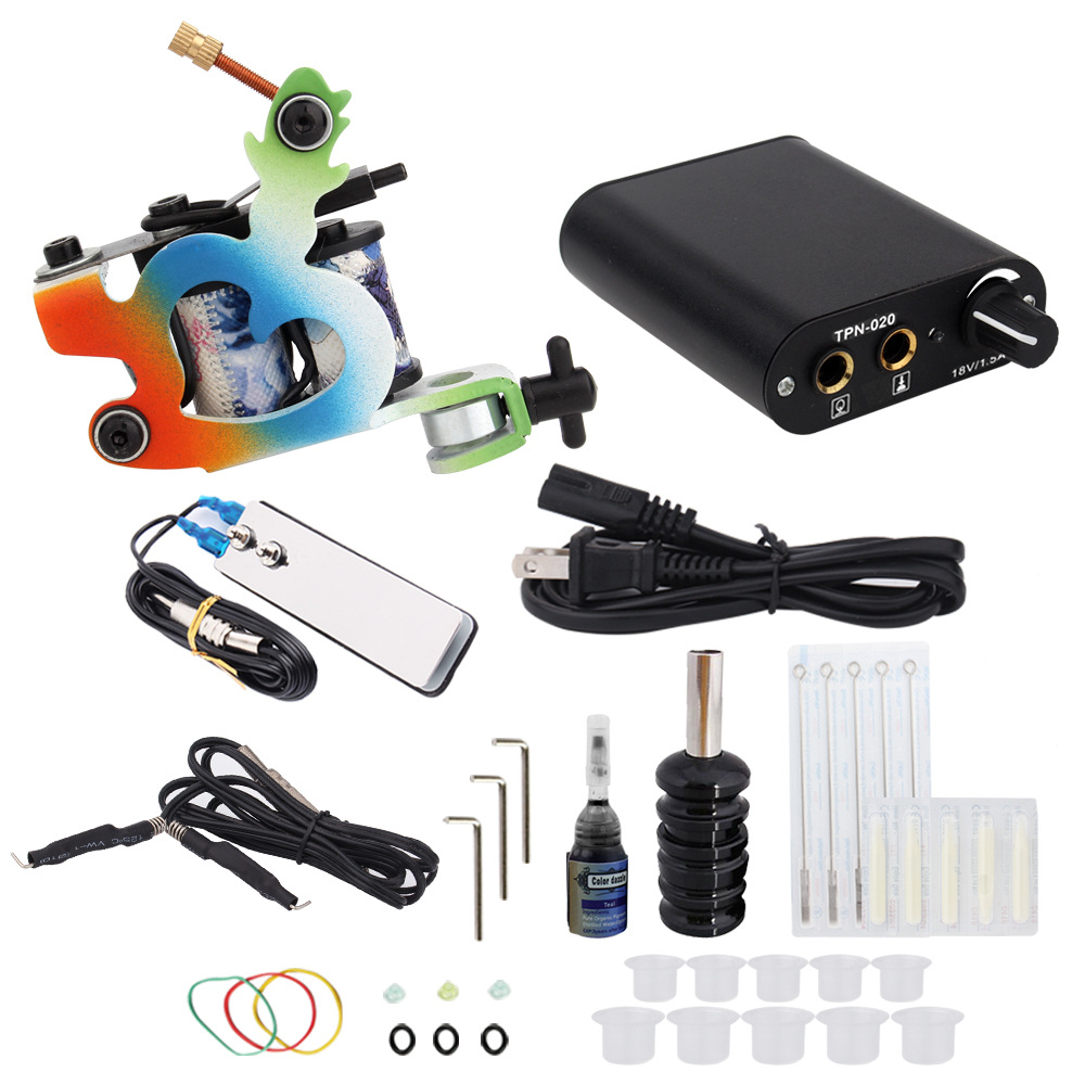 Starter Tattoo Kit 8 Wrap Coils Tattoo Gun Machines Grips Needles Tips Power Supply