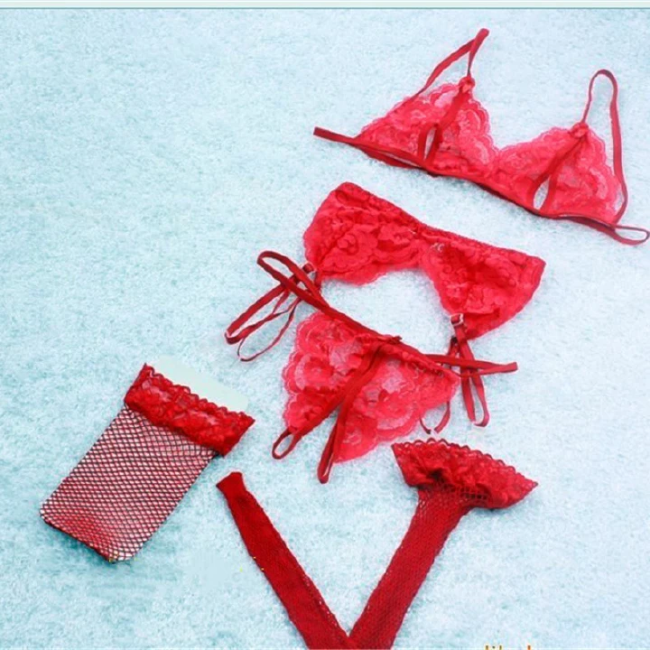 Women&apos;s Fashion Mesh Lace Up Harness Bra 3 Points Sexy Underwear 4 Pieces Pajama Set With Net Socks Sexy Women Lingerie