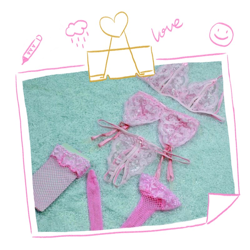 Women&apos;s Fashion Mesh Lace Up Harness Bra 3 Points Sexy Underwear 4 Pieces Pajama Set With Net Socks Sexy Women Lingerie