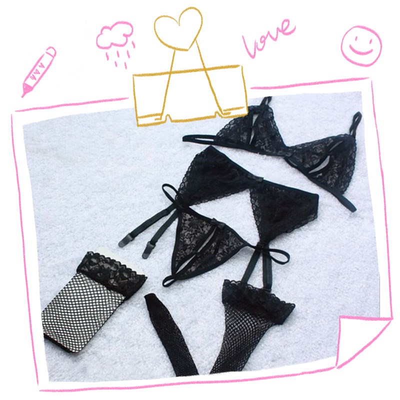 Women&apos;s Fashion Mesh Lace Up Harness Bra 3 Points Sexy Underwear 4 Pieces Pajama Set With Net Socks Sexy Women Lingerie