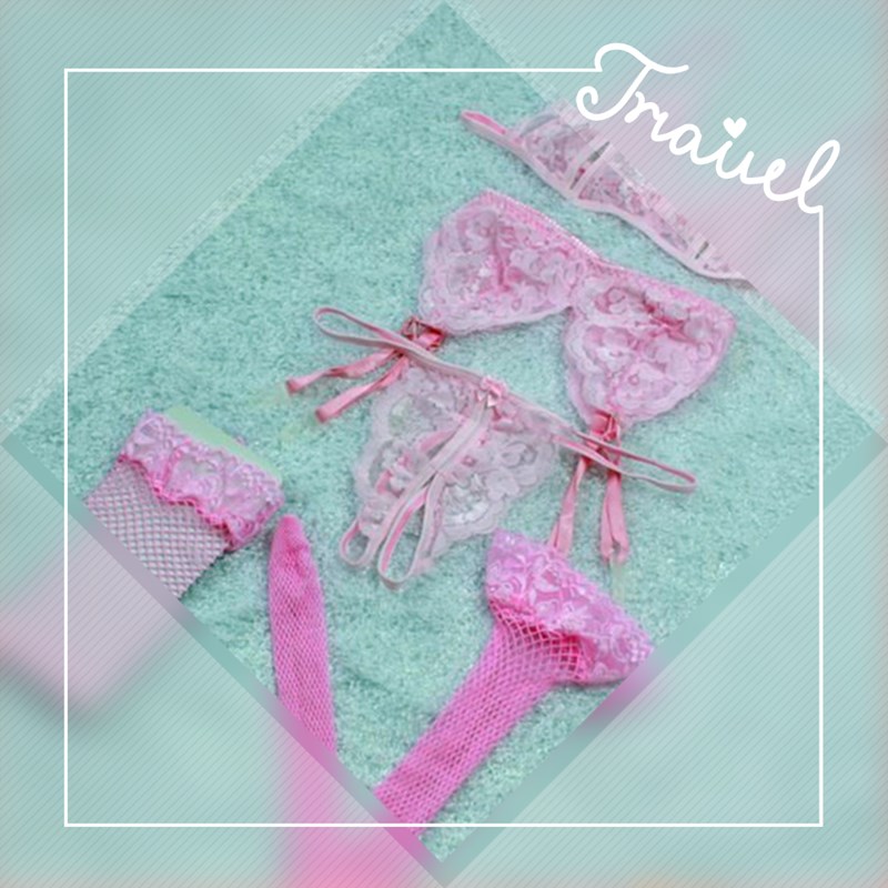 Women&apos;s Fashion Mesh Lace Up Harness Bra 3 Points Sexy Underwear 4 Pieces Pajama Set With Net Socks Sexy Women Lingerie