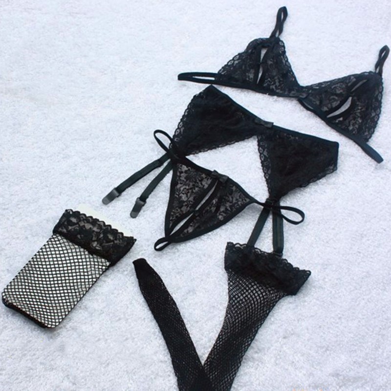 Women&apos;s Fashion Mesh Lace Up Harness Bra 3 Points Sexy Underwear 4 Pieces Pajama Set With Net Socks Sexy Women Lingerie