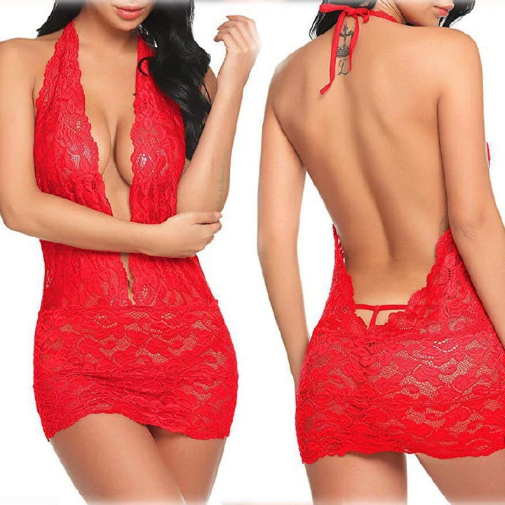 Killimall 6th New Lace Perspective Lingerie Ladies Pajamas Girls Sexy Hip Skirt Fun Lingerie Sexy Lace Hollow Wrap Hip Hanging Neck Women's Nightwear Wholesale