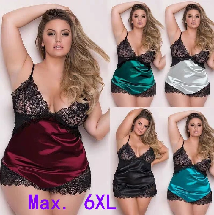 Max 6XL Sexy Lingerie 5XL European And American Sexy Pajamas 4XL Oversized Sexy Camisole Skirt Large 3XL Pajama Sexy Lace Nightgown Fun Lingerie Perspective Seductive Camisole Nightgown Large Mesh Fun