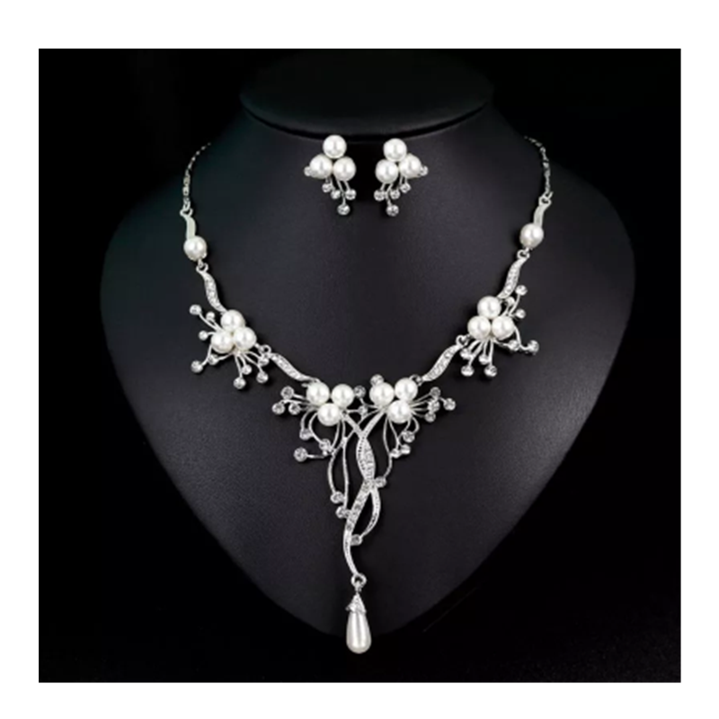 New Fashion Necklace Earrings Floral Bride Bridal Jewelry Wedding Party Anniversary Jewelry set Classic Fashionable Pearl Necklace Rhinestone Wedding Matching Necklace and Earring Two-Piece Set