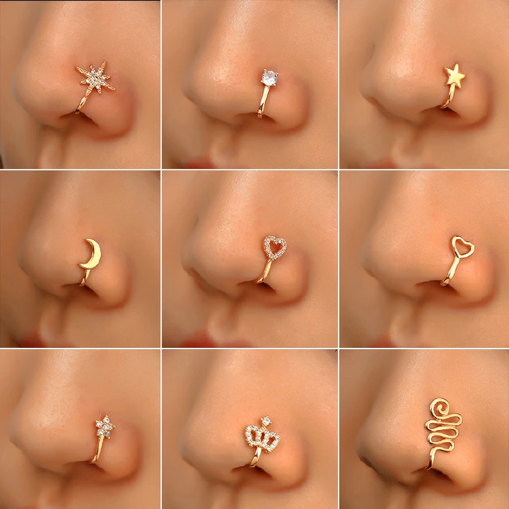 Creative Non-Perforated U-Shaped Nose Clip, Copper Inlaid Zircon Star Heart Crown Nose Ring Fake Nose Piercing Accessories Jewellery