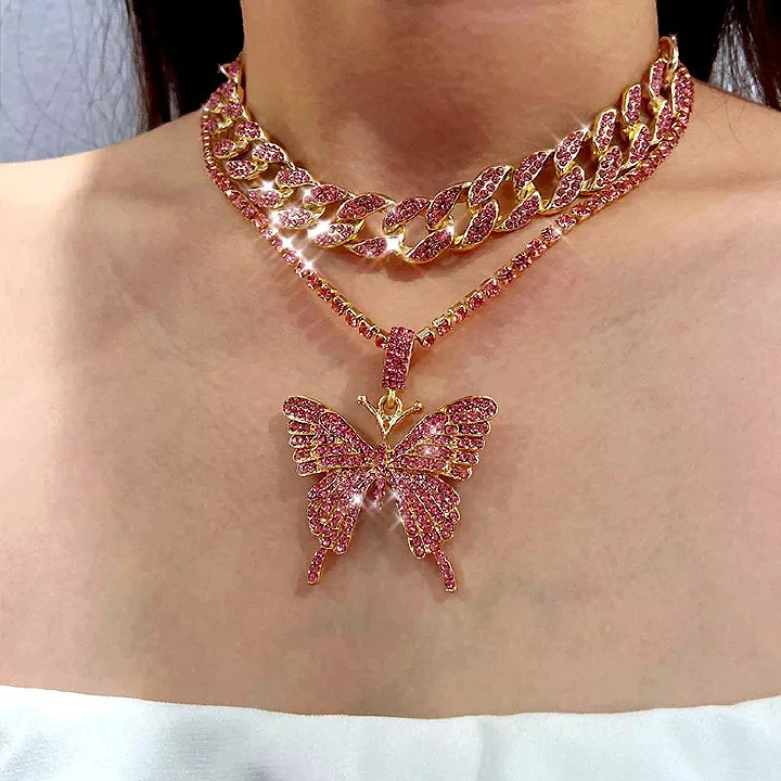 New Fashion Two-Piece Set Personalized Simple Alloy Double-Layer Butterfly Necklace Creative Retro Personality Exaggerated Femininity Fashion Full Diamond Thick Chain Neck Chain Hip Hop Jewelry