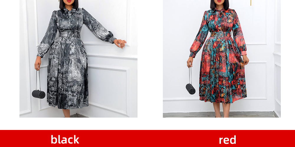 Free Belt 2022 New Women Long Sleeve High Waist Printed Large Size Banquet Dress