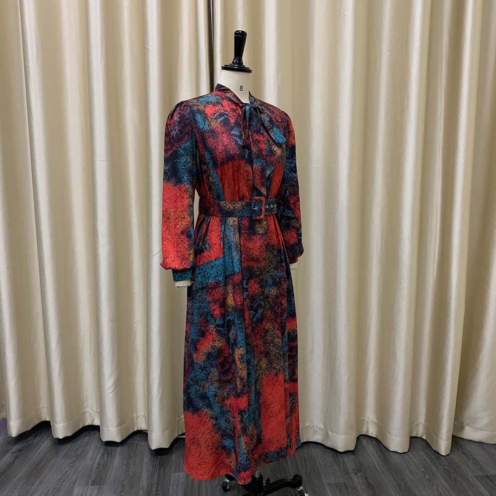 Free Belt 2022 New Women Long Sleeve High Waist Printed Large Size Banquet Dress