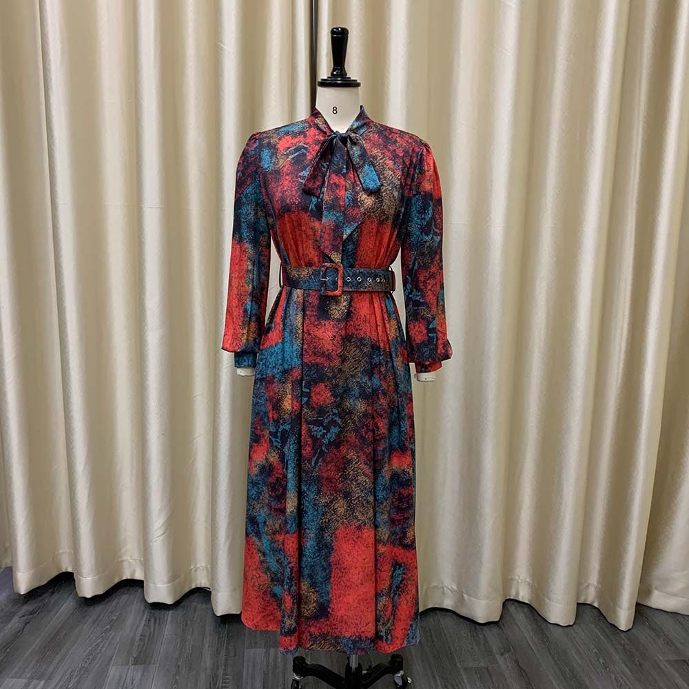 Free Belt 2022 New Women Long Sleeve High Waist Printed Large Size Banquet Dress