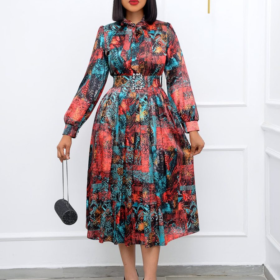 Free Belt 2022 New Women Long Sleeve High Waist Printed Large Size Banquet Dress