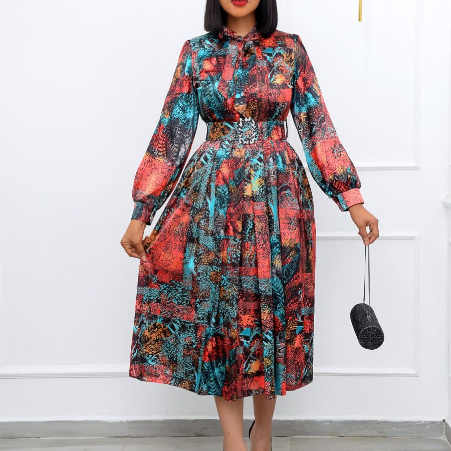 Free Belt 2022 New Women Long Sleeve High Waist Printed Large Size Banquet Dress