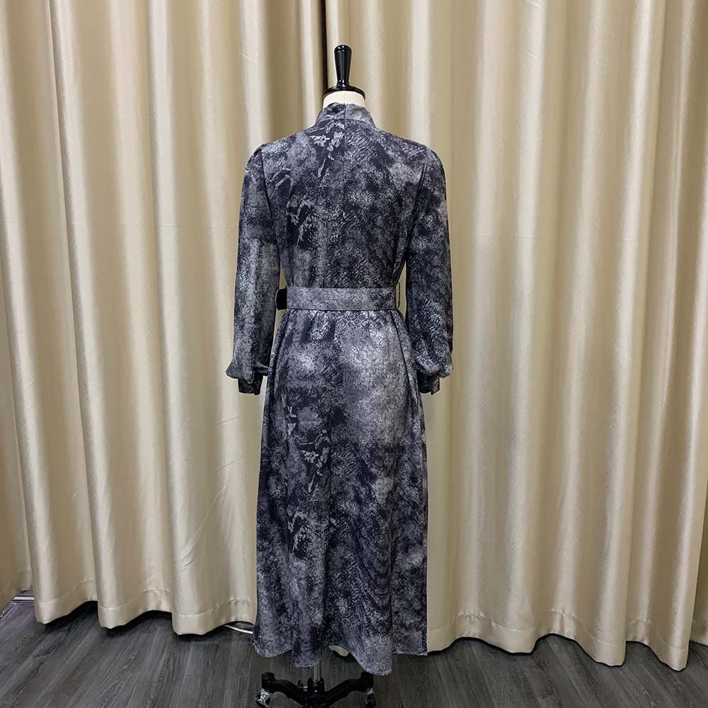 Free Belt 2022 New Women Long Sleeve High Waist Printed Large Size Banquet Dress