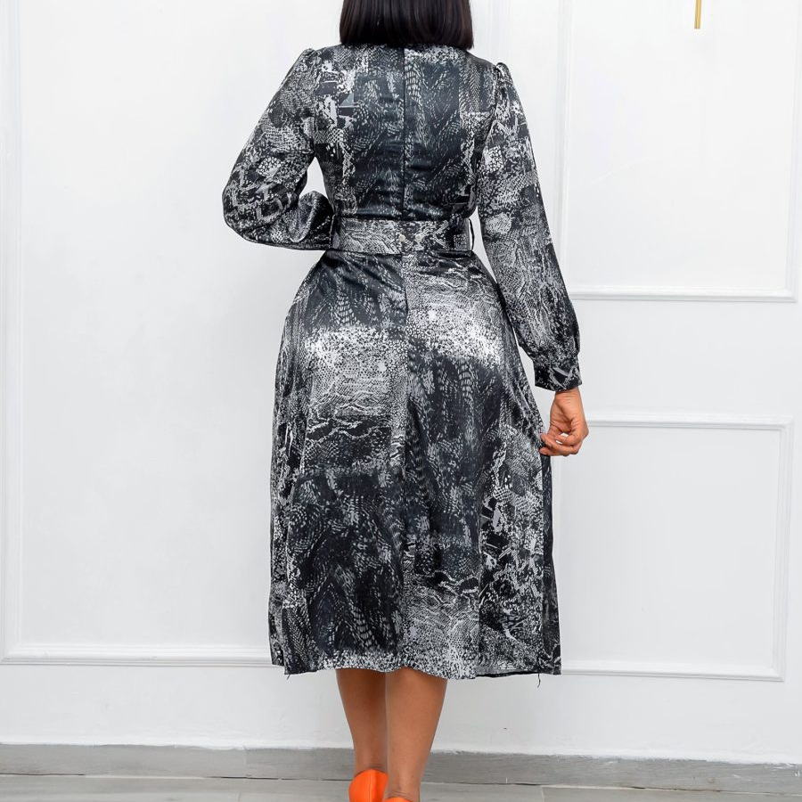 Free Belt 2022 New Women Long Sleeve High Waist Printed Large Size Banquet Dress