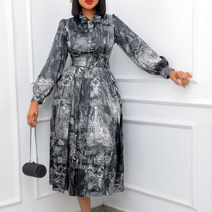 Free Belt 2022 New Women Long Sleeve High Waist Printed Large Size Banquet Dress