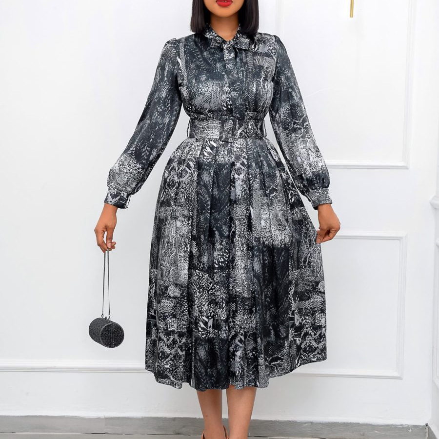 Free Belt 2022 New Women Long Sleeve High Waist Printed Large Size Banquet Dress