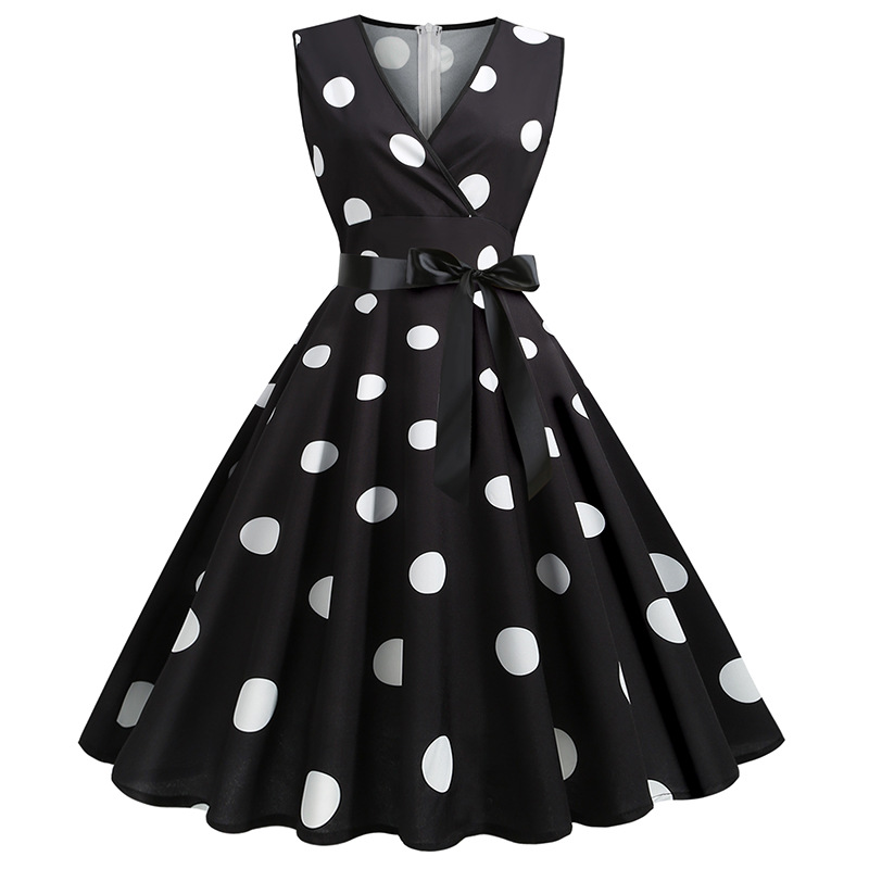 V-neck Sleeveless Polka-dot Lace-up Waist Retro Swing Dress