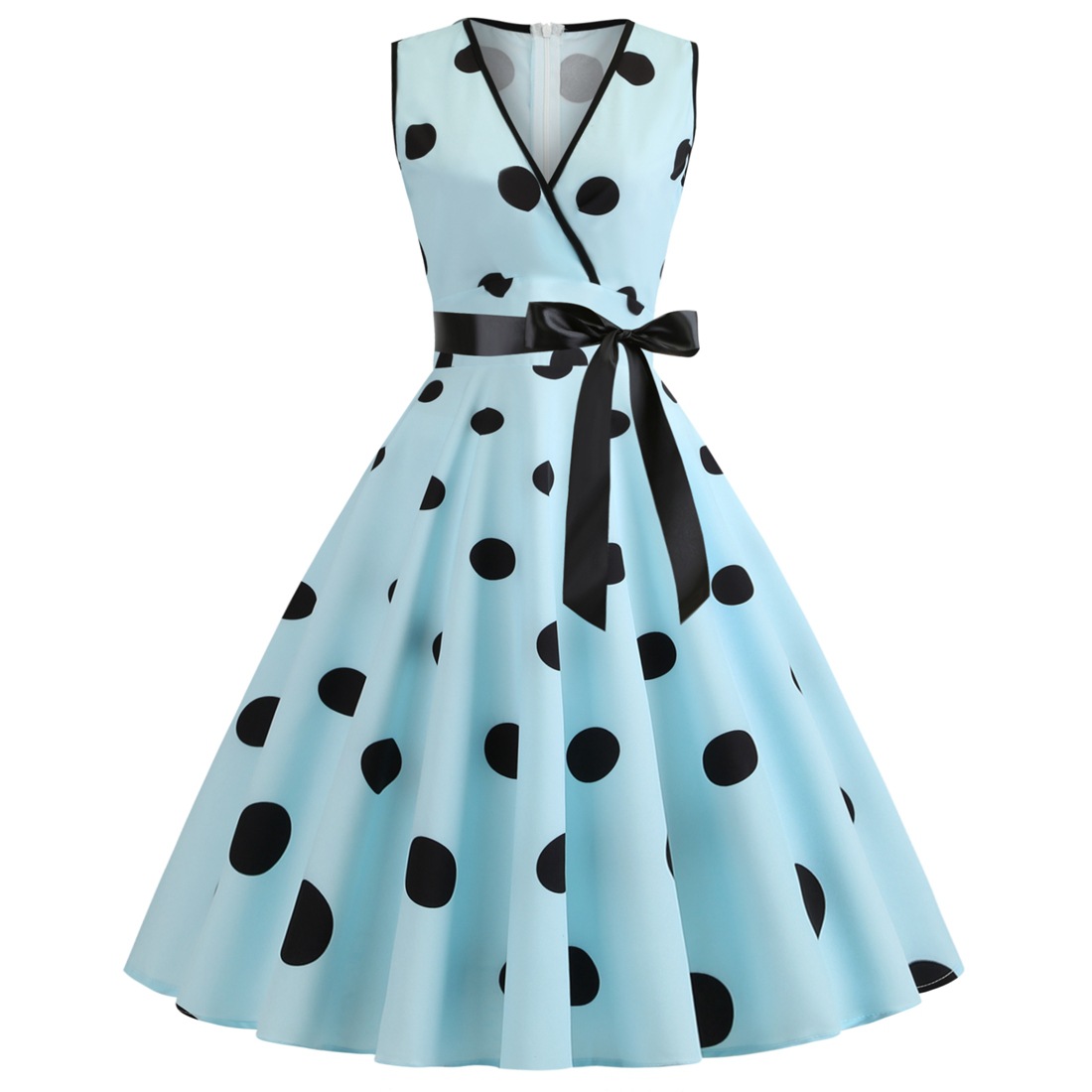 V-neck Sleeveless Polka-dot Lace-up Waist Retro Swing Dress