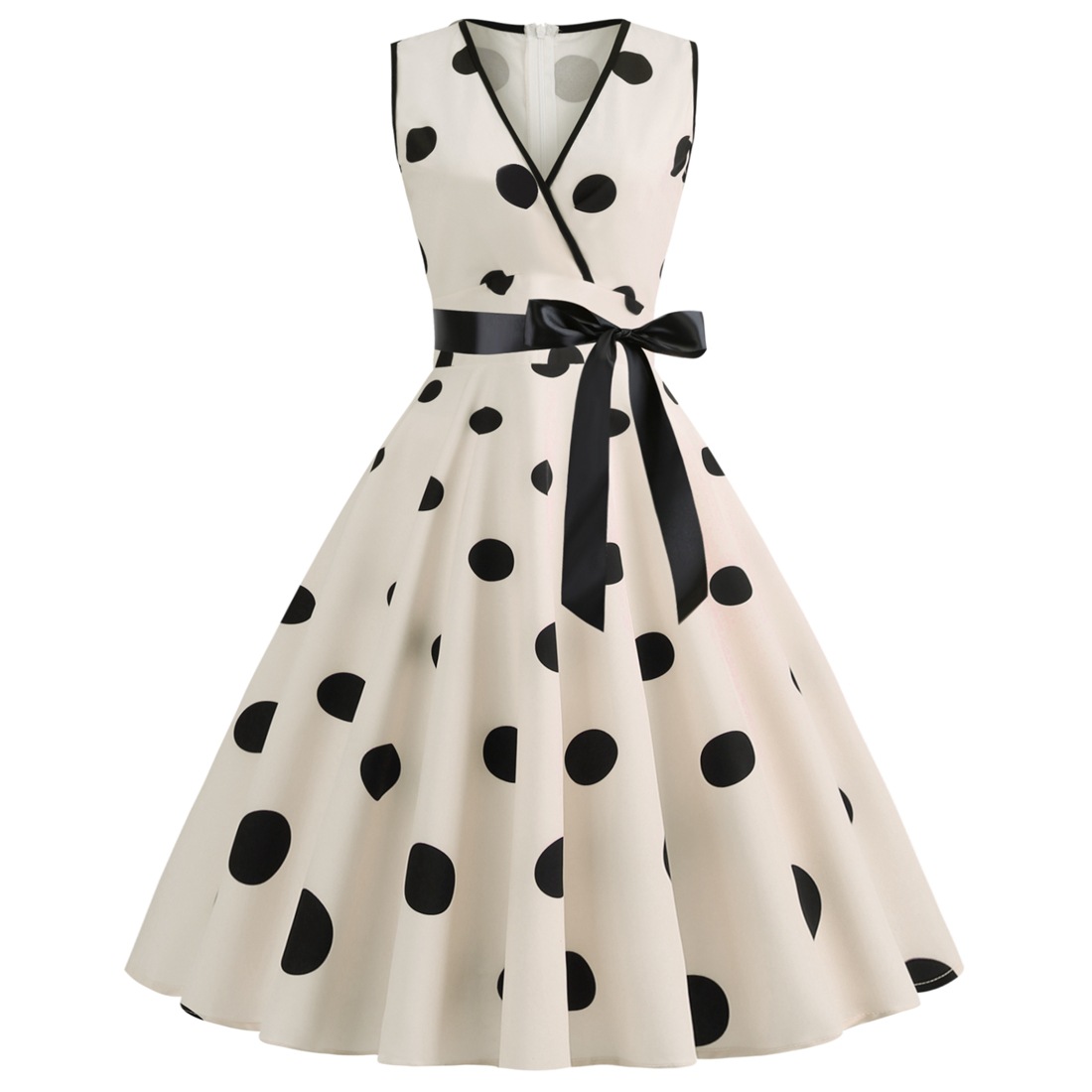V-neck Sleeveless Polka-dot Lace-up Waist Retro Swing Dress