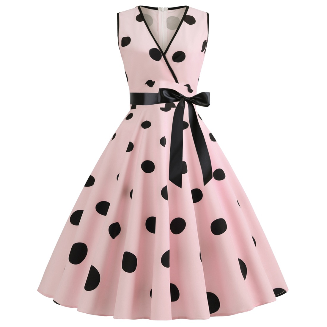 V-neck Sleeveless Polka-dot Lace-up Waist Retro Swing Dress