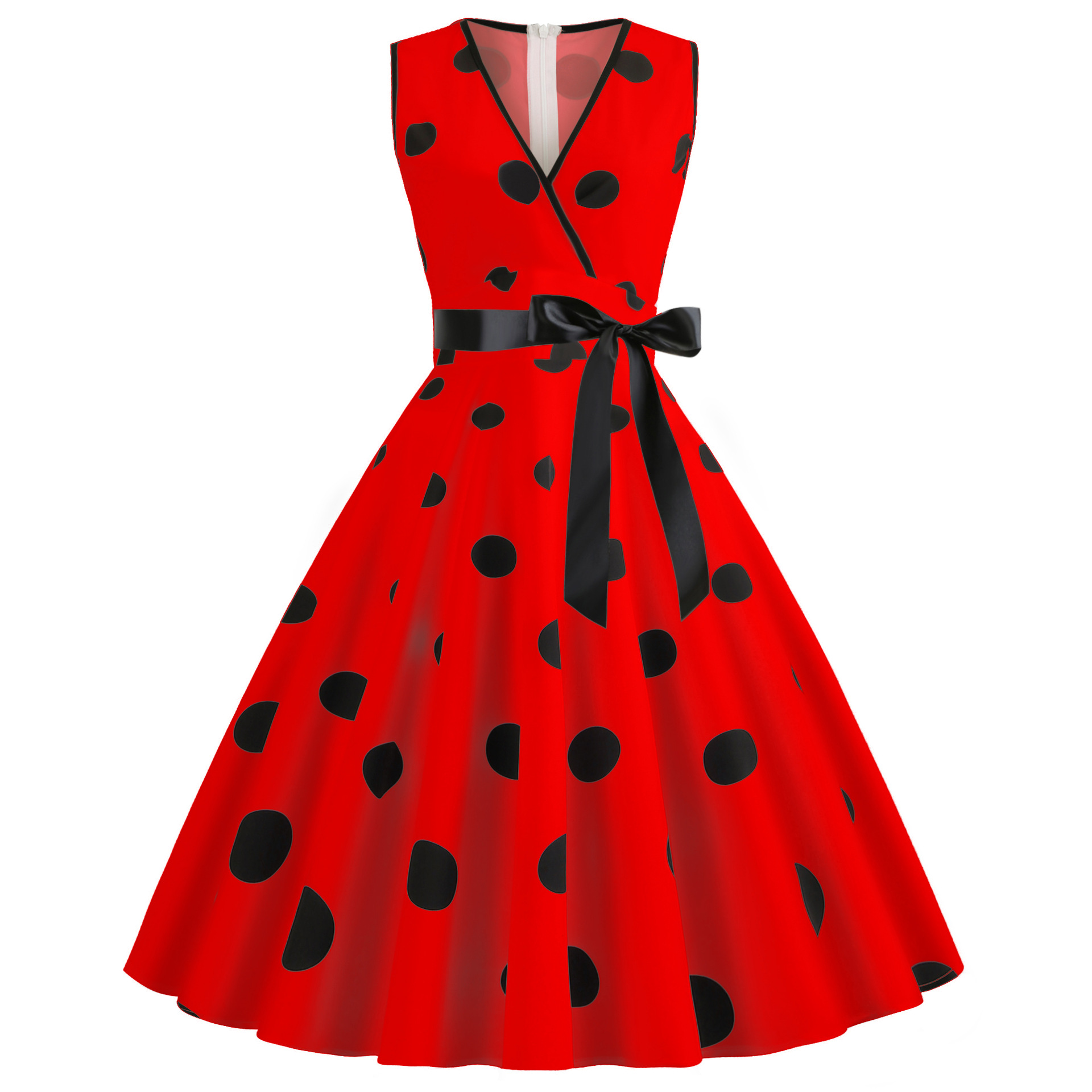 V-neck Sleeveless Polka-dot Lace-up Waist Retro Swing Dress