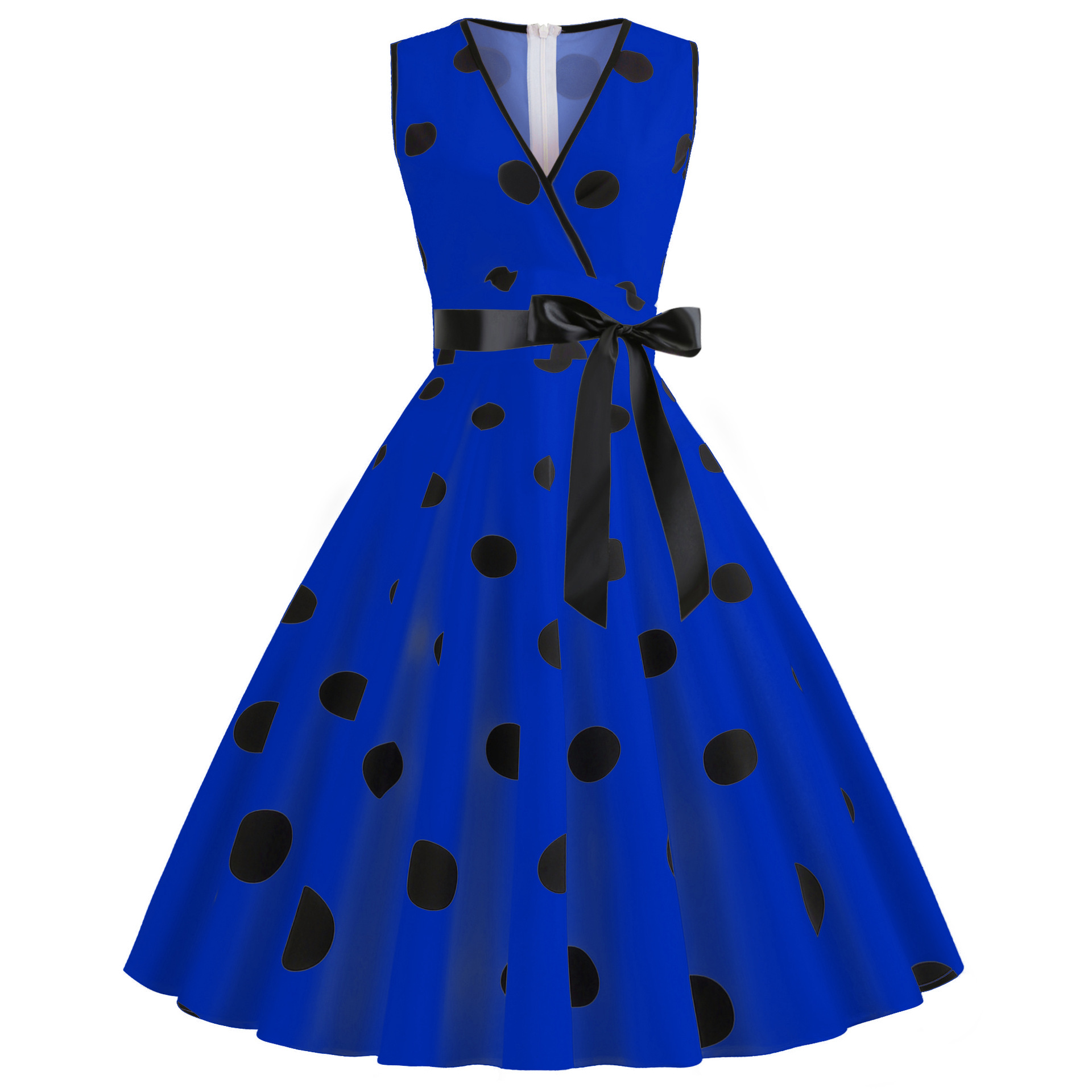 V-neck Sleeveless Polka-dot Lace-up Waist Retro Swing Dress