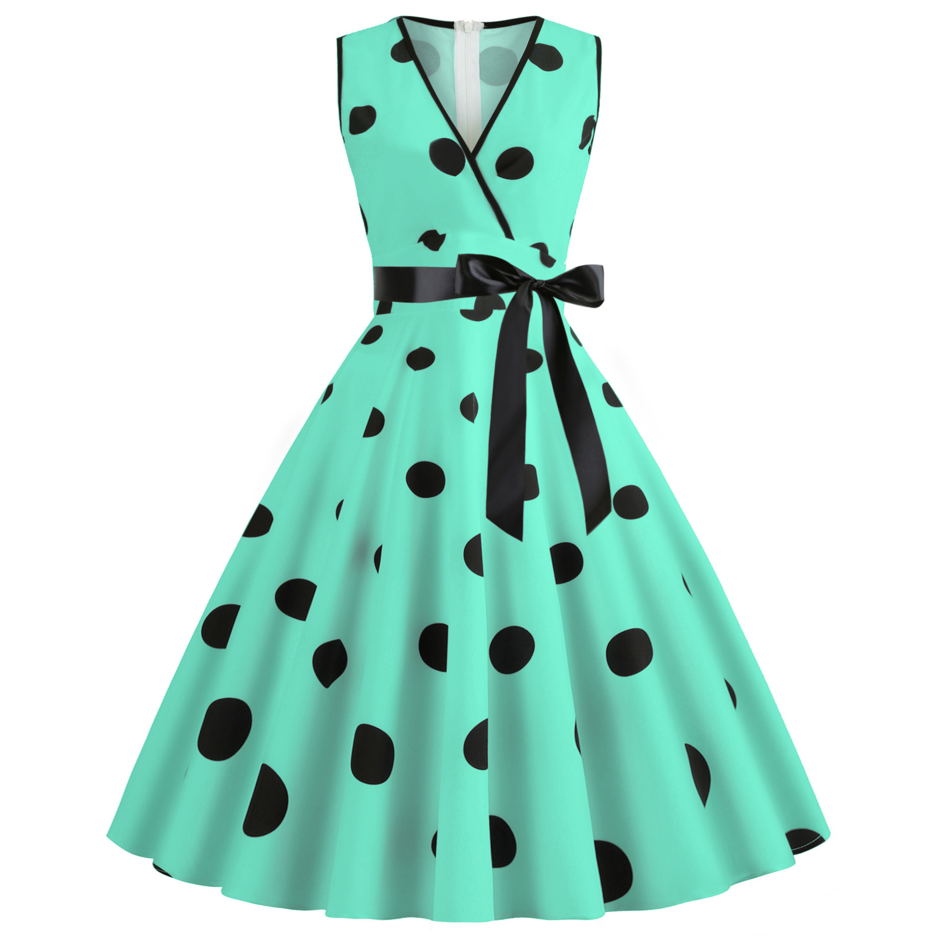 V-neck Sleeveless Polka-dot Lace-up Waist Retro Swing Dress