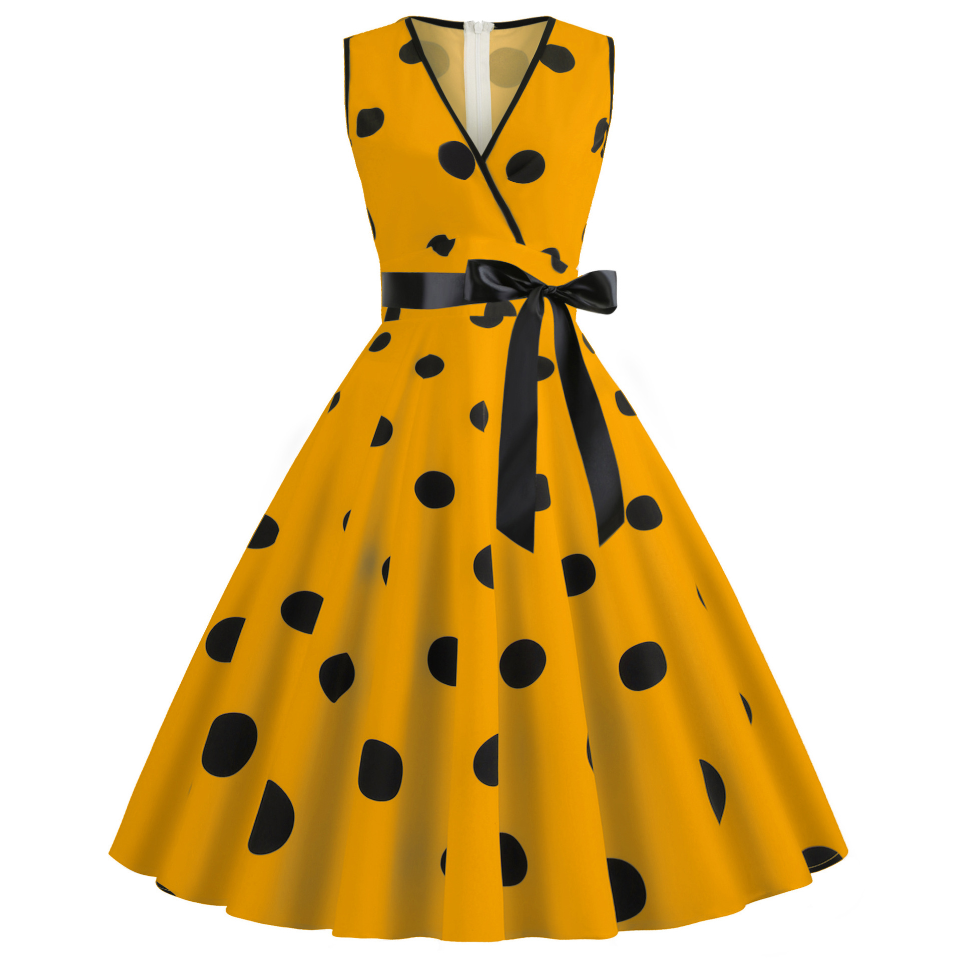 V-neck Sleeveless Polka-dot Lace-up Waist Retro Swing Dress