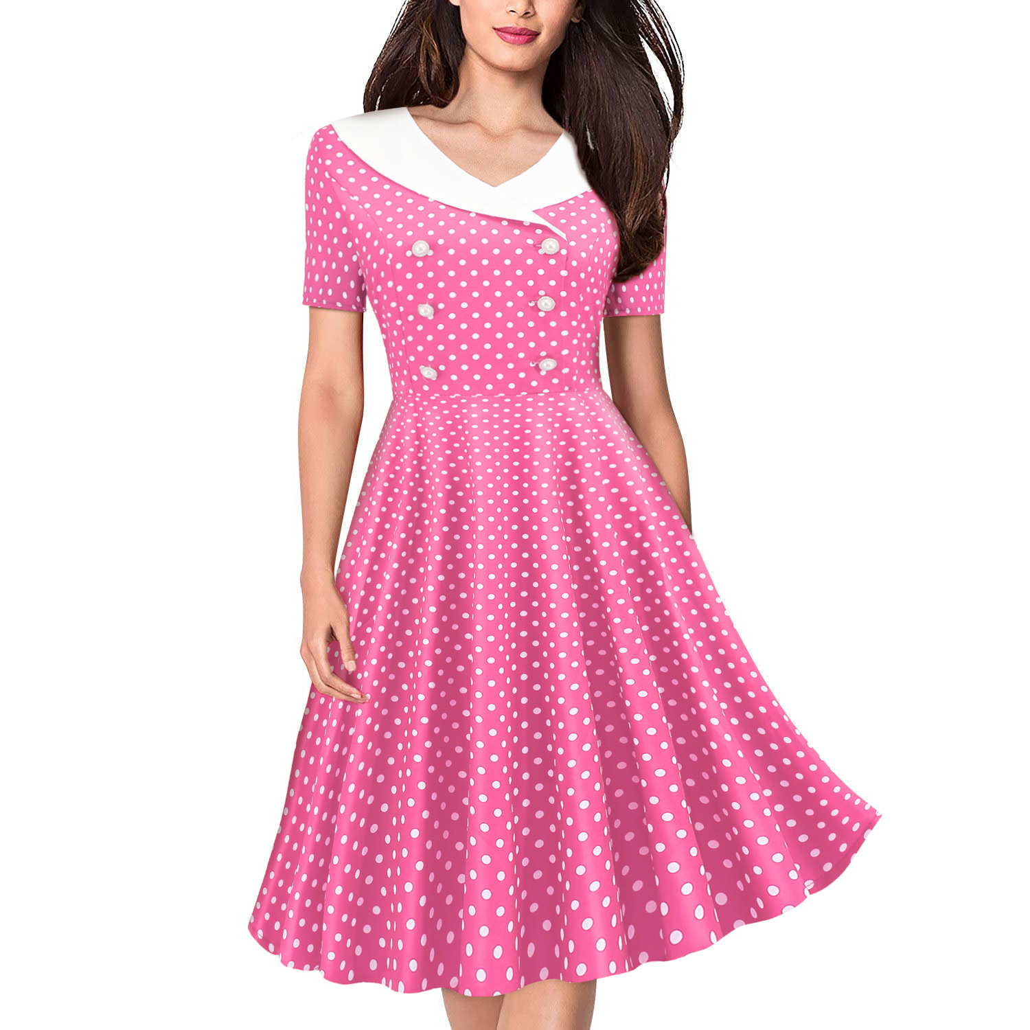 Women's V-Neck Short Sleeve Polka Dot Print Retro Swing Dress