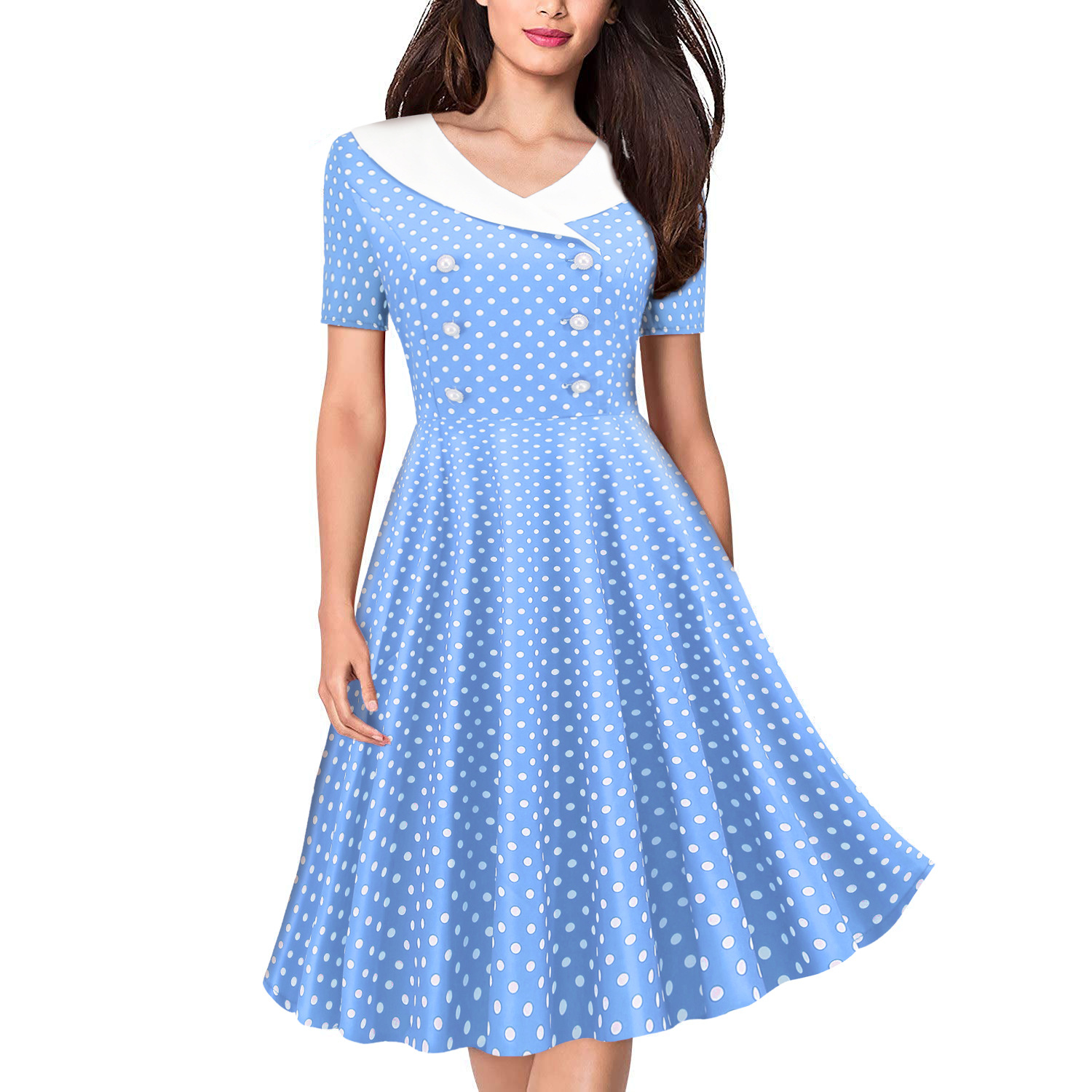 Women's V-Neck Short Sleeve Polka Dot Print Retro Swing Dress