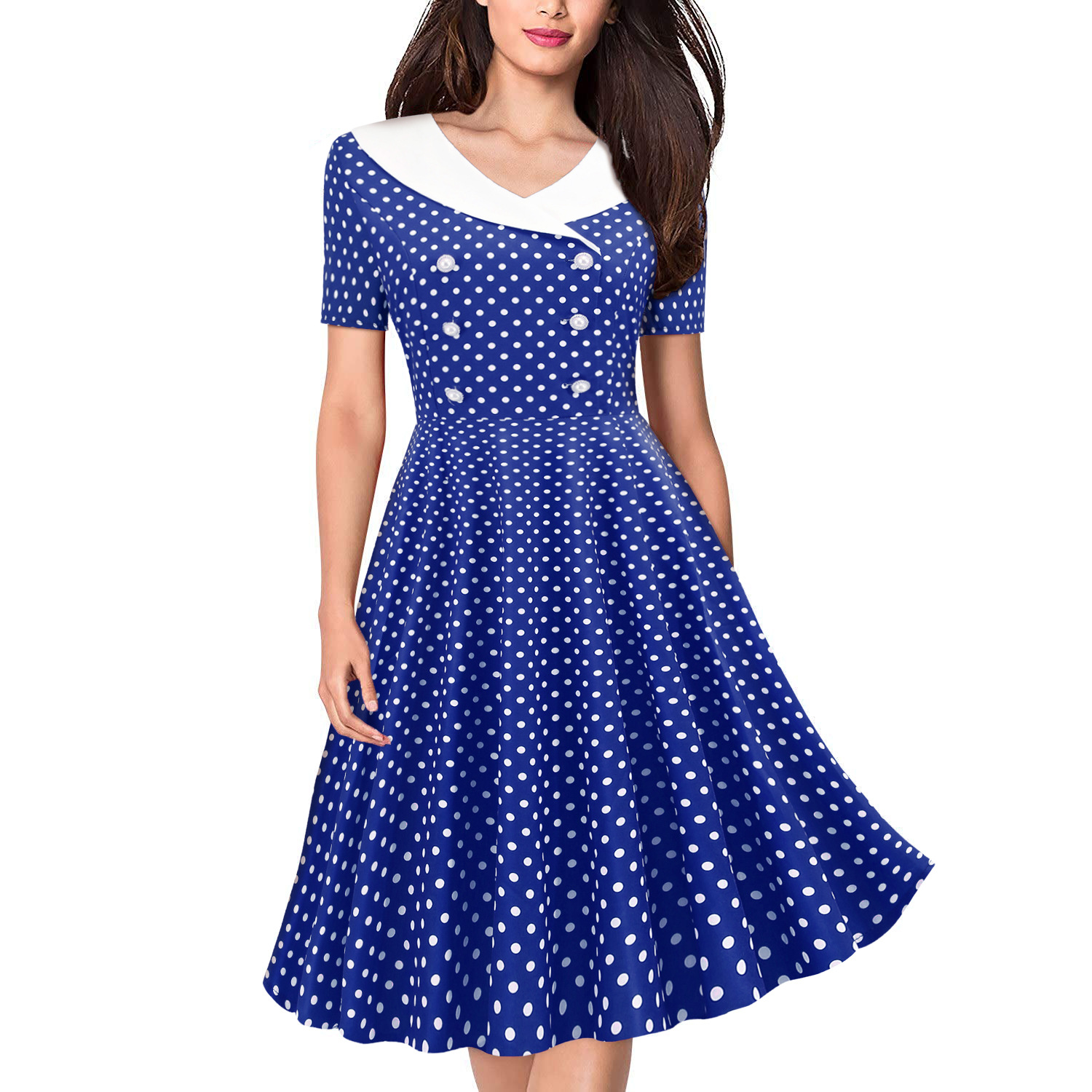 Women's V-Neck Short Sleeve Polka Dot Print Retro Swing Dress