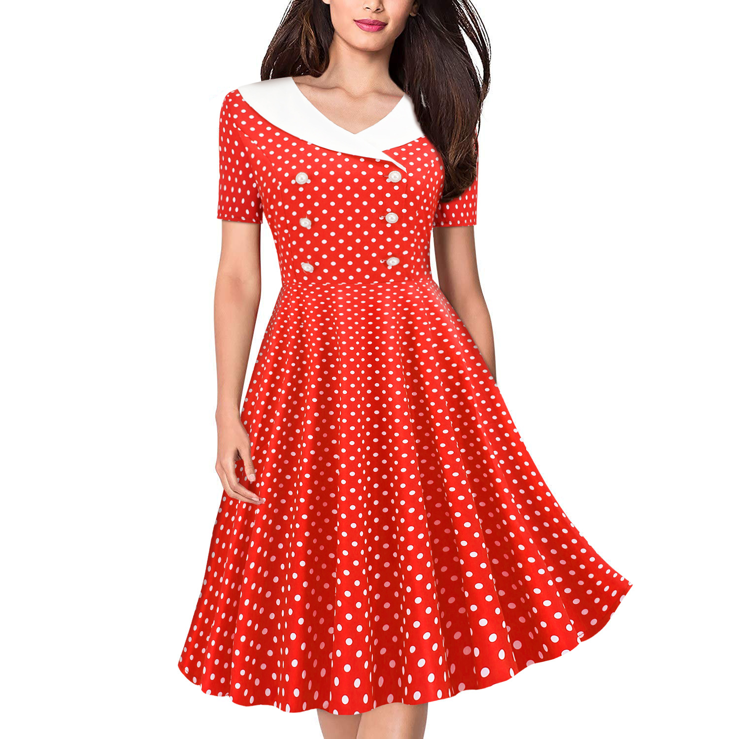 Women's V-Neck Short Sleeve Polka Dot Print Retro Swing Dress
