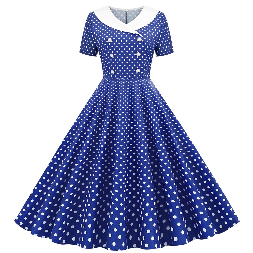 Women's V-Neck Short Sleeve Polka Dot Print Retro Swing Dress