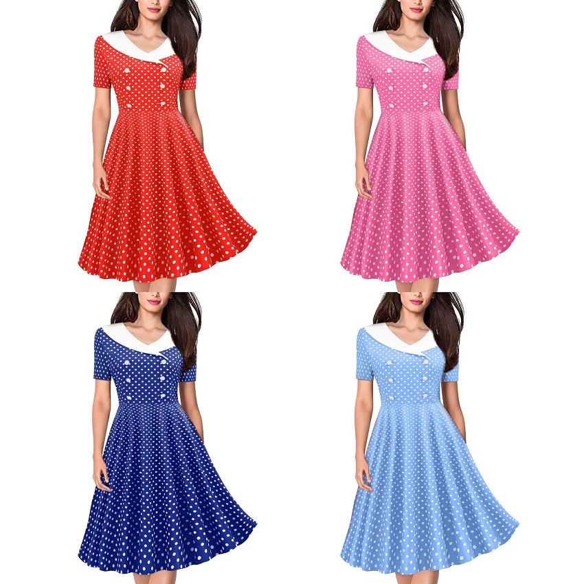 Women's V-Neck Short Sleeve Polka Dot Print Retro Swing Dress