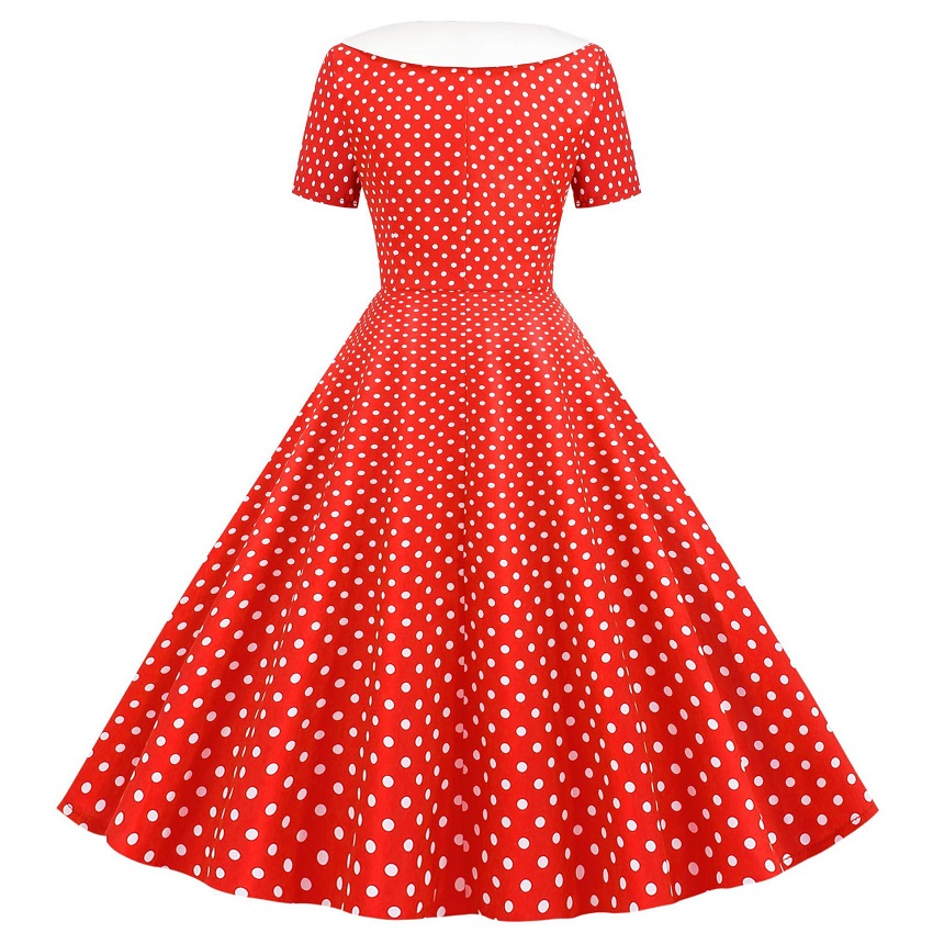 Women's V-Neck Short Sleeve Polka Dot Print Retro Swing Dress